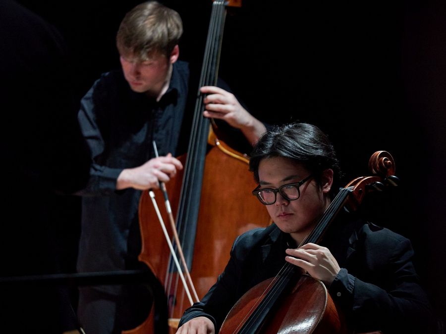 Kontrabassist und Cellist spielen zusammen auf der Bhne